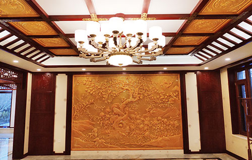 桂林中式别墅客厅中式木作横梁吊顶装饰展示