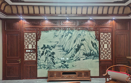 桂林中式仿古别墅客厅背景墙花格木作装饰